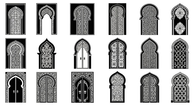 Intricate Moroccan Architecture: Black and White Door and Window Designs Collection