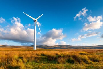 Wind Turbine on Open Grassland with Long Shadows