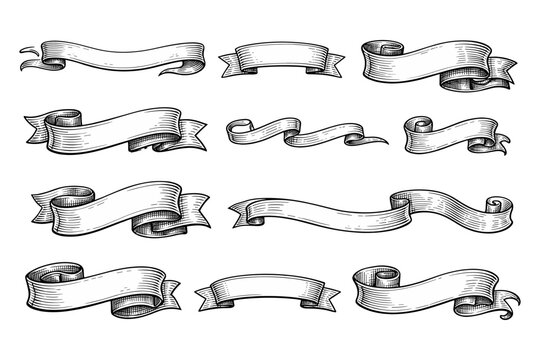 Set of vintage scroll banners in black and white for design use