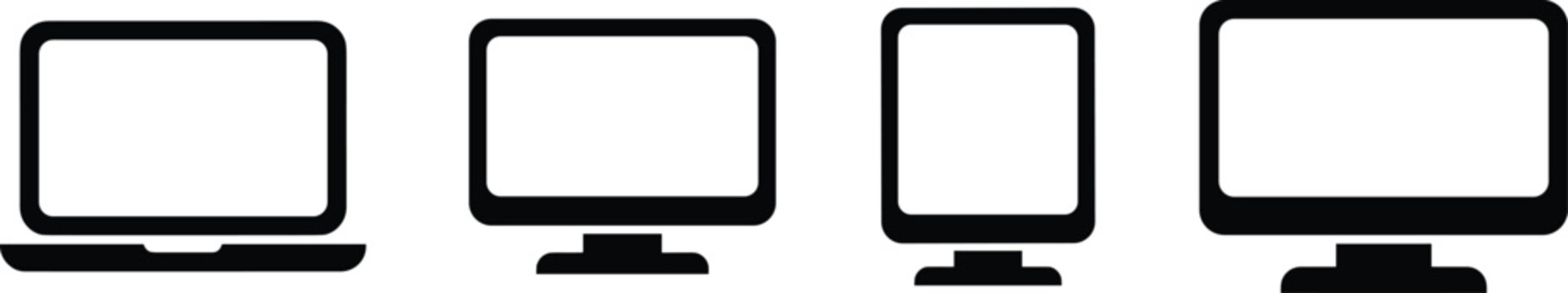 Computer monitor and laptop silhouette set with diverse display hardware designs, vector artwork
