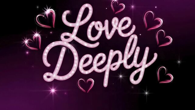 Romantic typography &ldquo;Love Deeply&rdquo; with glowing cursive letters and heart sparkles