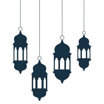 Ramadan Hanging lanterns, Arabic lamps silhouettes vintage egyptian Moroccan Dubai Eastern lamp for islamic Mosque or Arabian lighting lantern vector design.