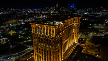 night view of michigan central train station in detroit corktown neighborhood.  © Tristen