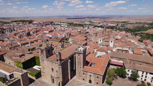 Aerial View of Iglesia de San Francisco Javier and Iglesia de San Mateo, Caceres, Spain