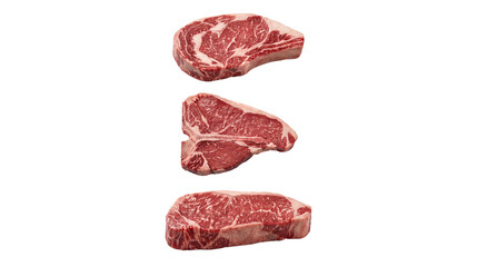 Fototapeta premium Raw Beef Steak Cuts Isolated on White: Fresh marbled beef pieces arranged vertically, symbolizing meat and protein food.
