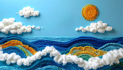 Abstract Seascape with Setting Sun Made Entirely from Fabrics and Yarns 14