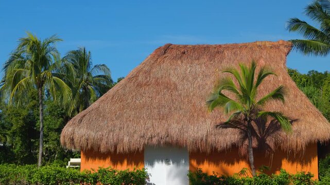 Tropical Resort Outbuilding with Thatched Roof, Adobe Walls, and Palm Trees