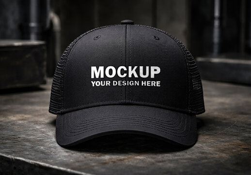 Black Mesh Embroidery Trucker Cap Mockup