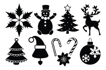 set of christmas elements silhouette line art vector illustration with a white background