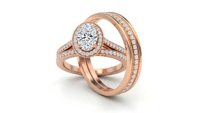 Exquisite rose gold bridal set featuring an oval diamond engagement ring paired elegantly with a sparkling eternity wedding band.