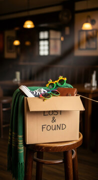 Lost and found box with items including a green scarf and novelty glasses. St. Patricks Day celebration aftermath concept.