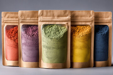 Colorful Holi Festival Powder in Kraft Paper Pouches Creating Vibrant Multicolor Abstract Background for Celebration, Culture and Creative Design