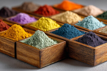 Colorful Holi Festival Powder in Wooden Trays Arranged in Grid Creating Vibrant Multicolor Abstract Texture Background for Celebration and Creative Design