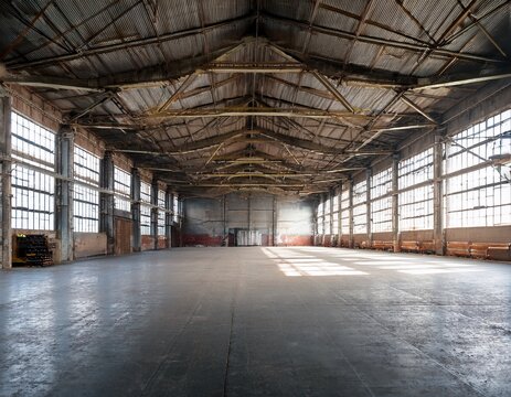 hall of the workshop of the old factory or empty warehouse in industrial loft style