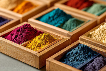 Colorful Holi Festival Powder in Wooden Trays Arranged in Grid Creating Vibrant Multicolor Abstract Texture Background for Celebration and Creative Design