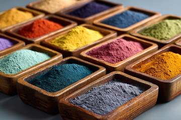 Colorful Holi Festival Powder in Wooden Trays Arranged in Grid Creating Vibrant Multicolor Abstract Texture Background for Celebration and Creative Design