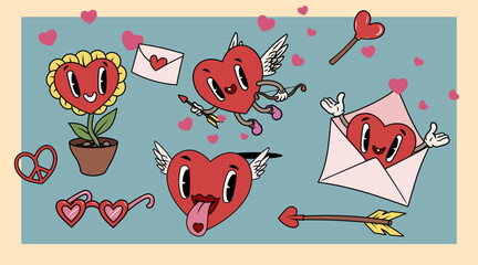 Fototapeta premium Heart vintage groovy characters set. Funny love and Valentines elements. Pink hearted mascots in different poses with faces, emotions with wings. Vector illustrations.