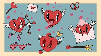 Fototapeta premium Heart vintage groovy characters set. Funny love and Valentines elements. Pink hearted mascots in different poses with faces, emotions with wings. Vector illustrations.