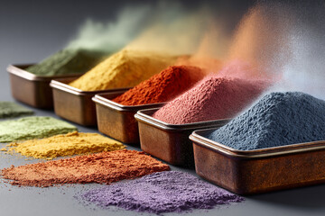 Colorful Holi Festival Powder in Metal Trays Creating Vibrant Multicolor Abstract Texture Background for Celebration and Creative Design