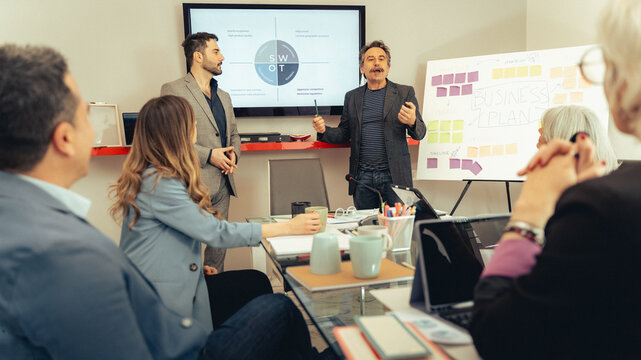 Business meeting with team listening to manager presenting SWOT analysis and business plan