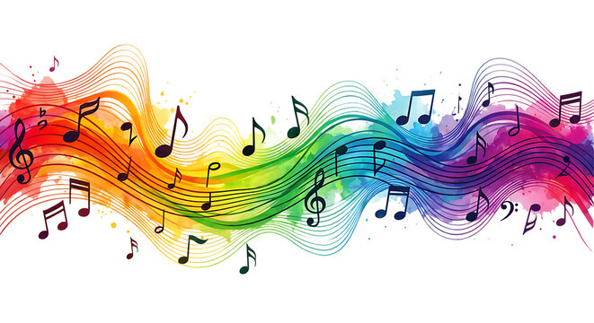 Colorful Music Notes on Wavy Staff Abstract isolated on transparent background	