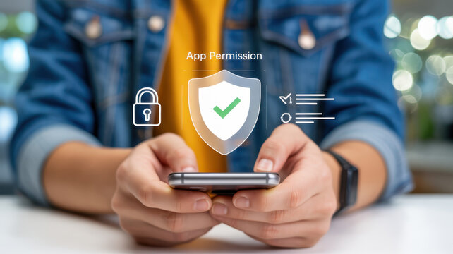 Smartphone user allowing app permission with security shield and password icons. Data privacy, access control, and user consent concept. Cyber security for mobile application login and authentication.
