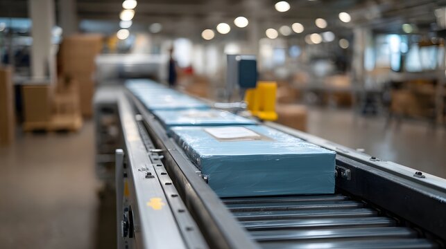 Light blue wrapped packages move in a line on a conveyor belt within a busy industrial warehouse