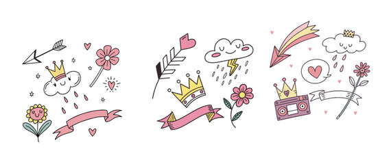 Obraz premium Line icon cute element set. Doodle line color icon decorative arrow, cloud, crown, sparkle and flower. Hand drawn heart, sketchy figure, funny outline and cartoon ribbon for kids. Vector illustration