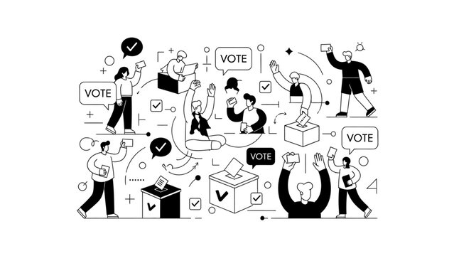 Illustration of diverse people voting and encouraging others to vote with speech bubbles and checkmarks in a black and white line drawing style on a white background.