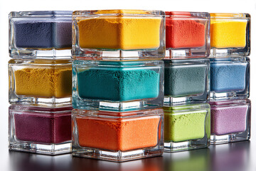 Colorful Holi Festival Powder in Clear Stacked Jars Creating Vibrant Multicolor Abstract Background for Celebration and Creative Design