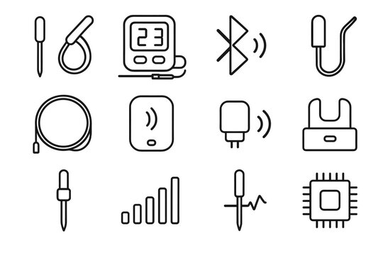 Bluetooth meat probe base icon signal digital unit magnetic thermometer vector icons