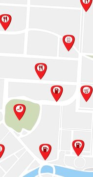 Vector illustration of a city map in GPS navigation style, featuring red location pins marking points of interest such as restaurants, gas stations, parks and public buildings. Ideal for navigation ap