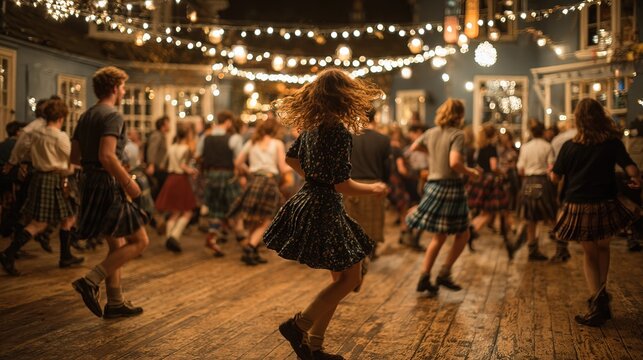 Musician playing violin during a lively Saint Patrick's Day folk celebration at night