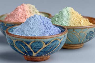 Colorful Holi Festival Powder in Ceramic Bowls Creating Vibrant Multicolor Abstract Background for Celebration, Culture and Creative Design