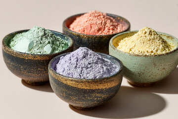 Colorful Holi Festival Powder in Ceramic Bowls Creating Vibrant Multicolor Abstract Background for Celebration, Culture and Creative Design