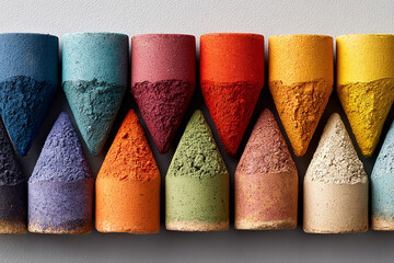 Colorful Holi Festival Powder Cones Arranged in Row Creating Vibrant Multicolor Abstract Background for Celebration, Culture and Creative Design