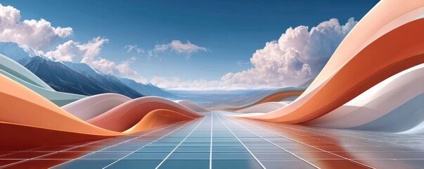 Obraz premium Abstract landscape with flowing ribbons and grid foreground for a futuristic mining technology background