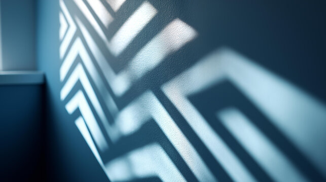 Light shadows on light-blue wall forming zigzag patterns, geometric shadow display, architectural light effect, angular pattern visualization, wall shadow graphic, defocused wall