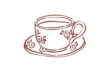 Spring hand drawn sketch of a vintage teacup and saucer with floral pattern, isolated on transparent background