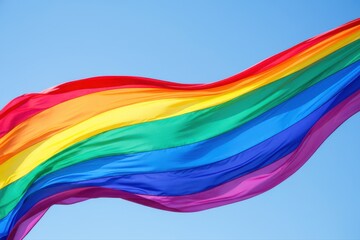 Large rainbow pride flag waving dramatically against a bright blue sky, symbolizing LGBTQ+ freedom and diversity.
