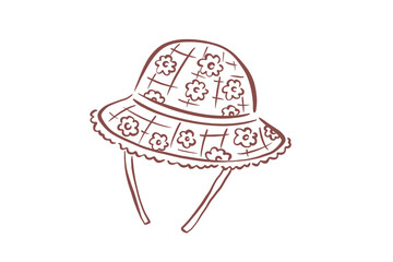 Spring cute handdrawn illustration of a childs sun hat with a floral pattern and chin straps, perfect for summer and beach wear isolated on transparent background