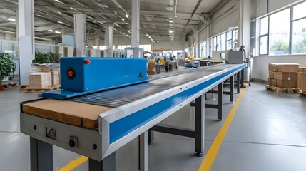 Industrial conveyor belt system with blue hinery in a bright modern factory workshop