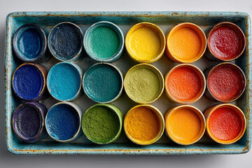 Bright Holi Festival Color Powder in Round Jars Arranged in Top View Creating Vibrant Multicolor Abstract Background for Celebration and Creative Design