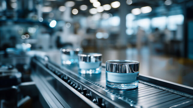 Cosmetic cream jars on conveyor manufacturing skincare products, modern cosmetic factory with precise automation, hygienic packaging process, beauty product production, defocused
