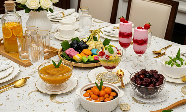a variety of delicious food and drinks, waiting to break the Ramadan fas
