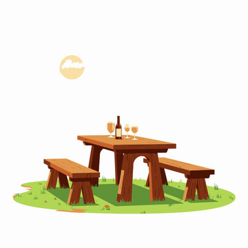 Outdoor wooden picnic setup with benches, drinks, and clear skies, capturing a serene and inviting scene for outdoor dining and relaxation on grassy ground