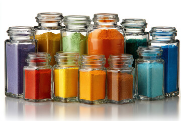 Colorful Holi Festival Powder in Glass Jars Isolated on White Background for Celebration, Culture and Creative Design