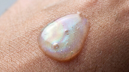 Fototapeta premium Extreme macro close-up of viscous skincare serum drop with bubbles on human skin texture.