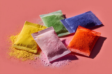 Colorful Holi Festival Powder Sachets Arranged in Flat Lay Creating Vibrant Multicolor Abstract Background for Celebration and Creative Design
