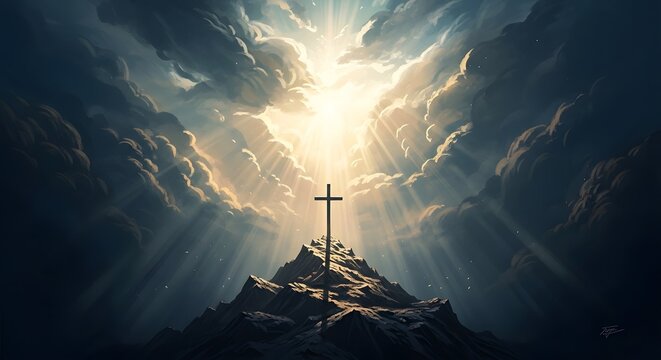 Easter sunday resurrection hope cross on mountain peak with heavenly light